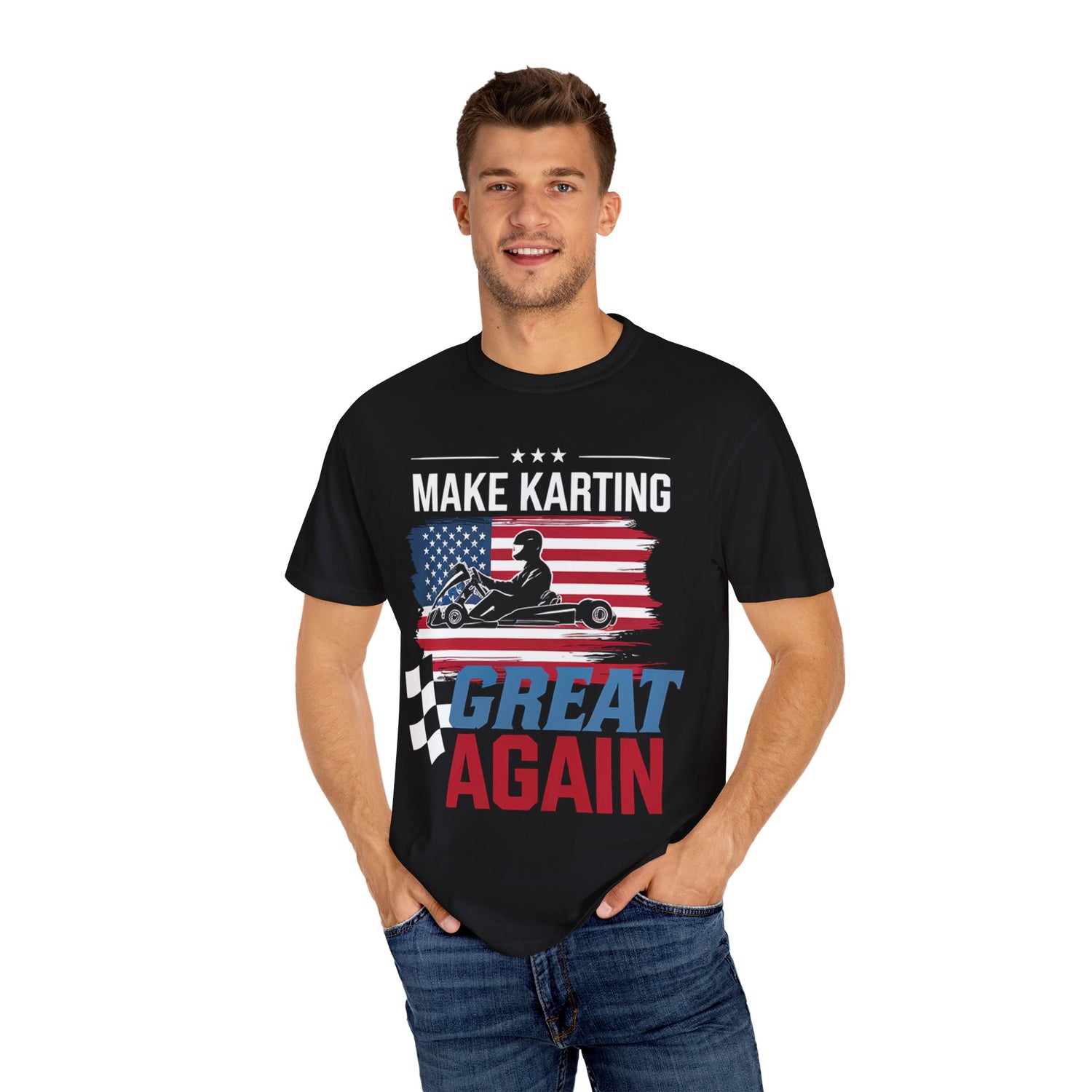 Make Karting Great Again” over a backdrop of the American flag T-shirt