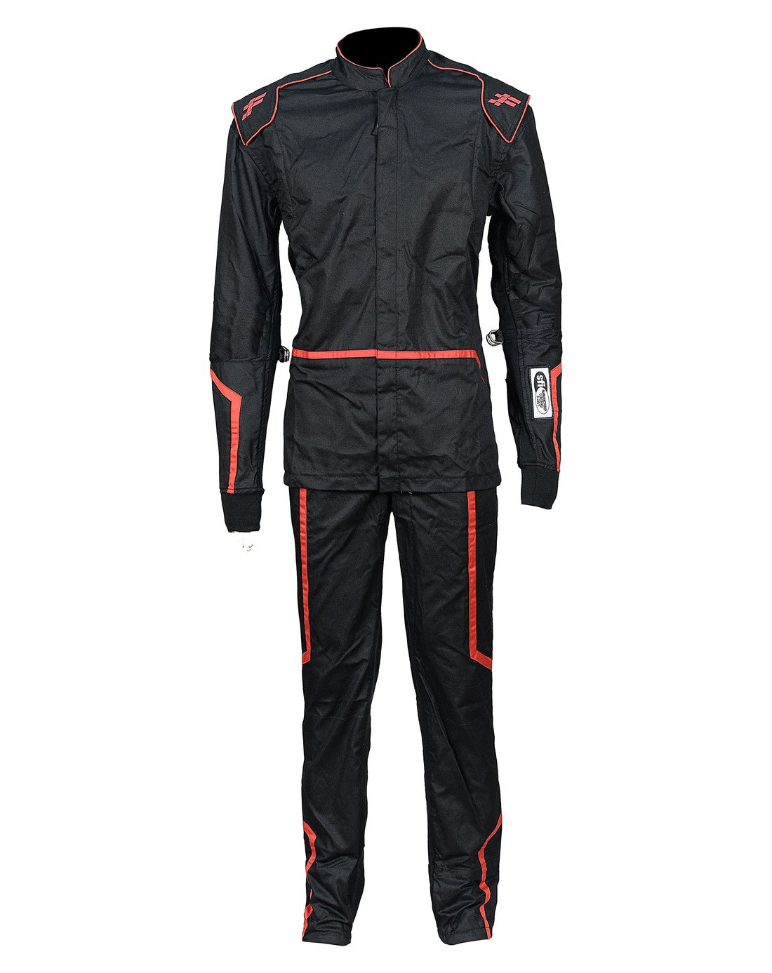 FG Blaze Single Layer Racing Suit Black Red Full Suit Front View - FervoGear SFI-1 Nomex Racing Suit