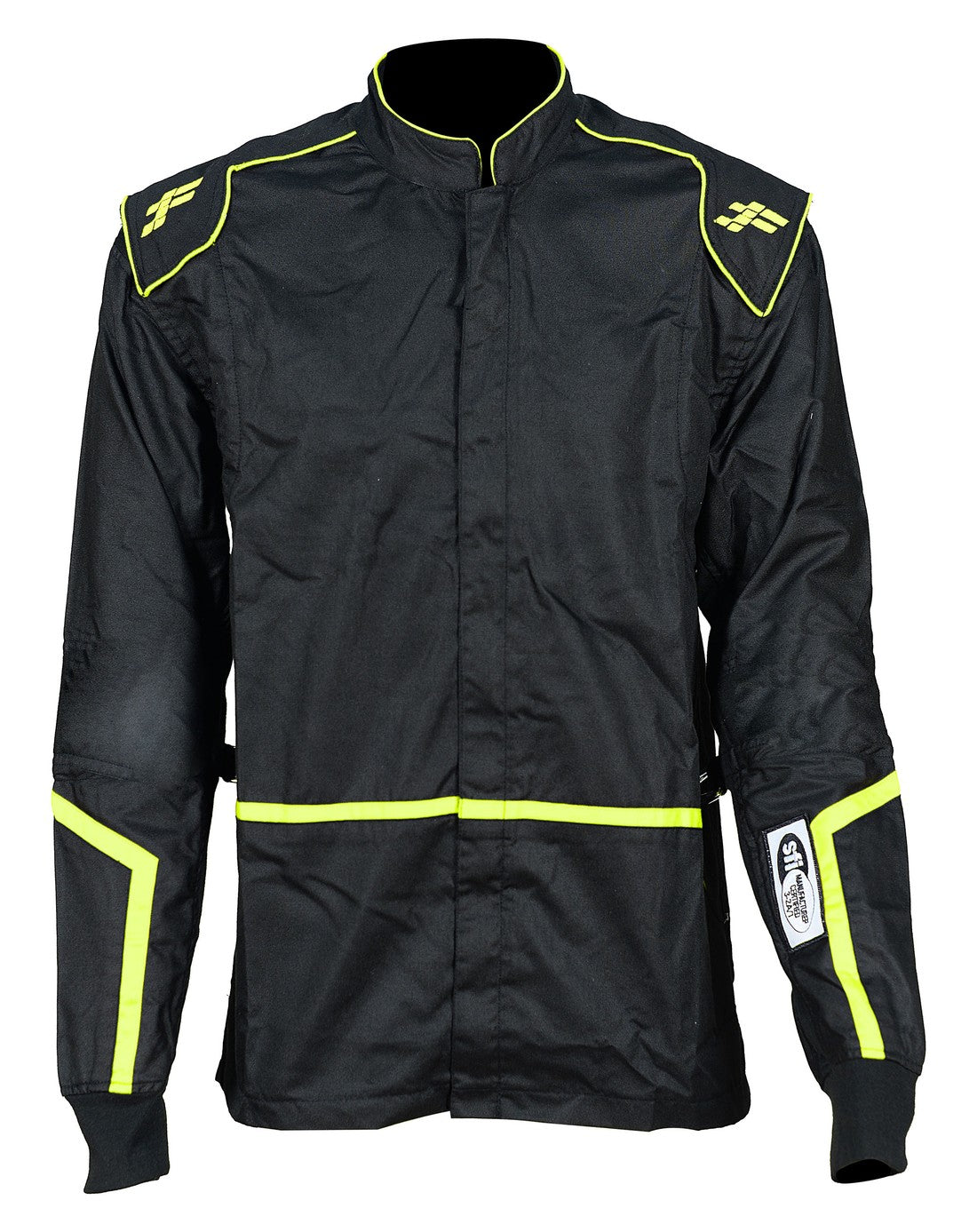 FG Phoenix Double Layer Team Suit Flo Yellow Jacket Front View - FervoGear SFI-5 Nomex Racing Suit